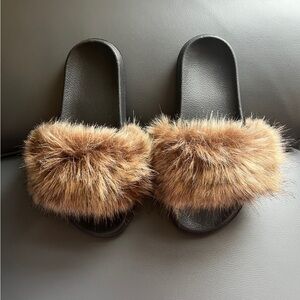 Faux Fur Brown Slide Sandals